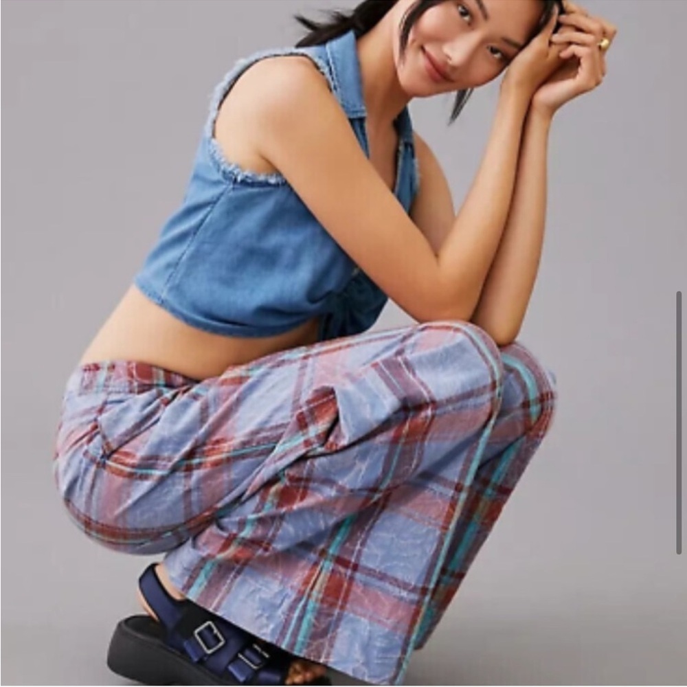 By Anthropologie - Plaid Wide Leg Pants Blue Burgundy - Picture 2 of 9